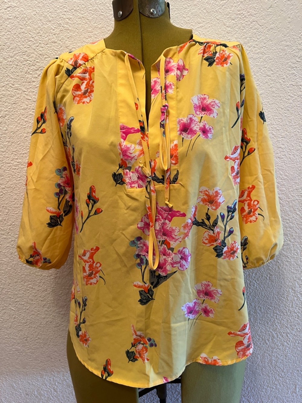Yellow Floral Tie-Front Peasant Blouse